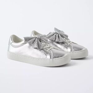 Zara Metallic Silver Kids Sneakers with Rhinestone Bow